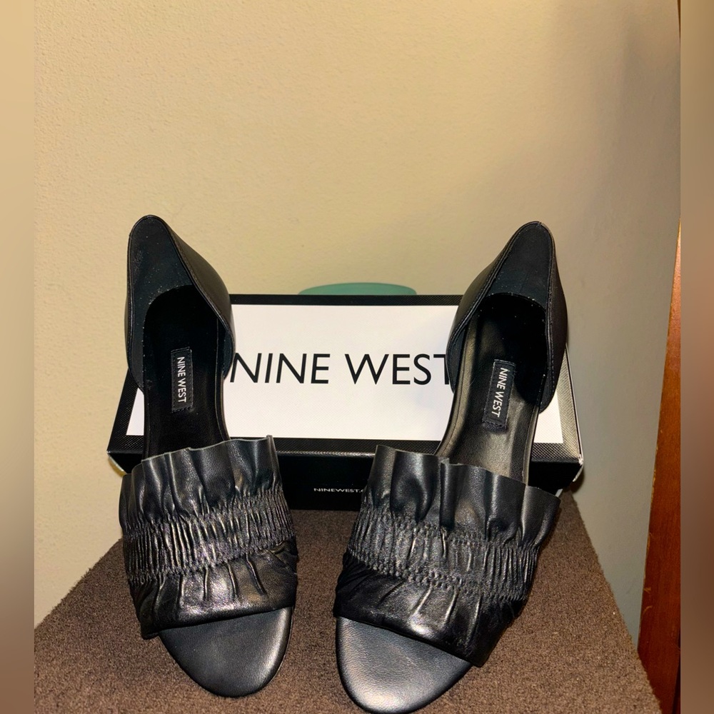 Black leather open toe slip-on flats; very pretty and soft